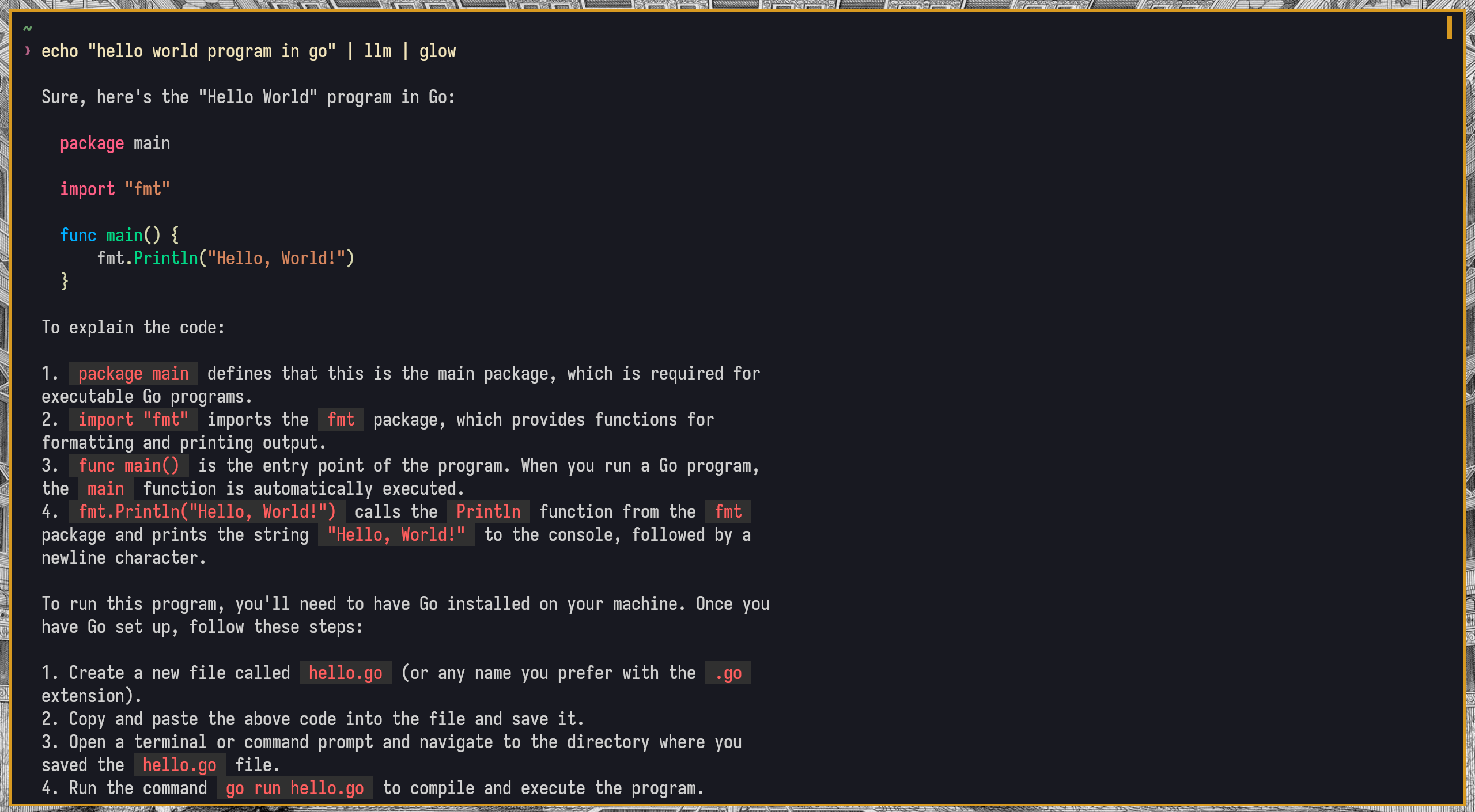 Terminal showing Glow markdown rendering